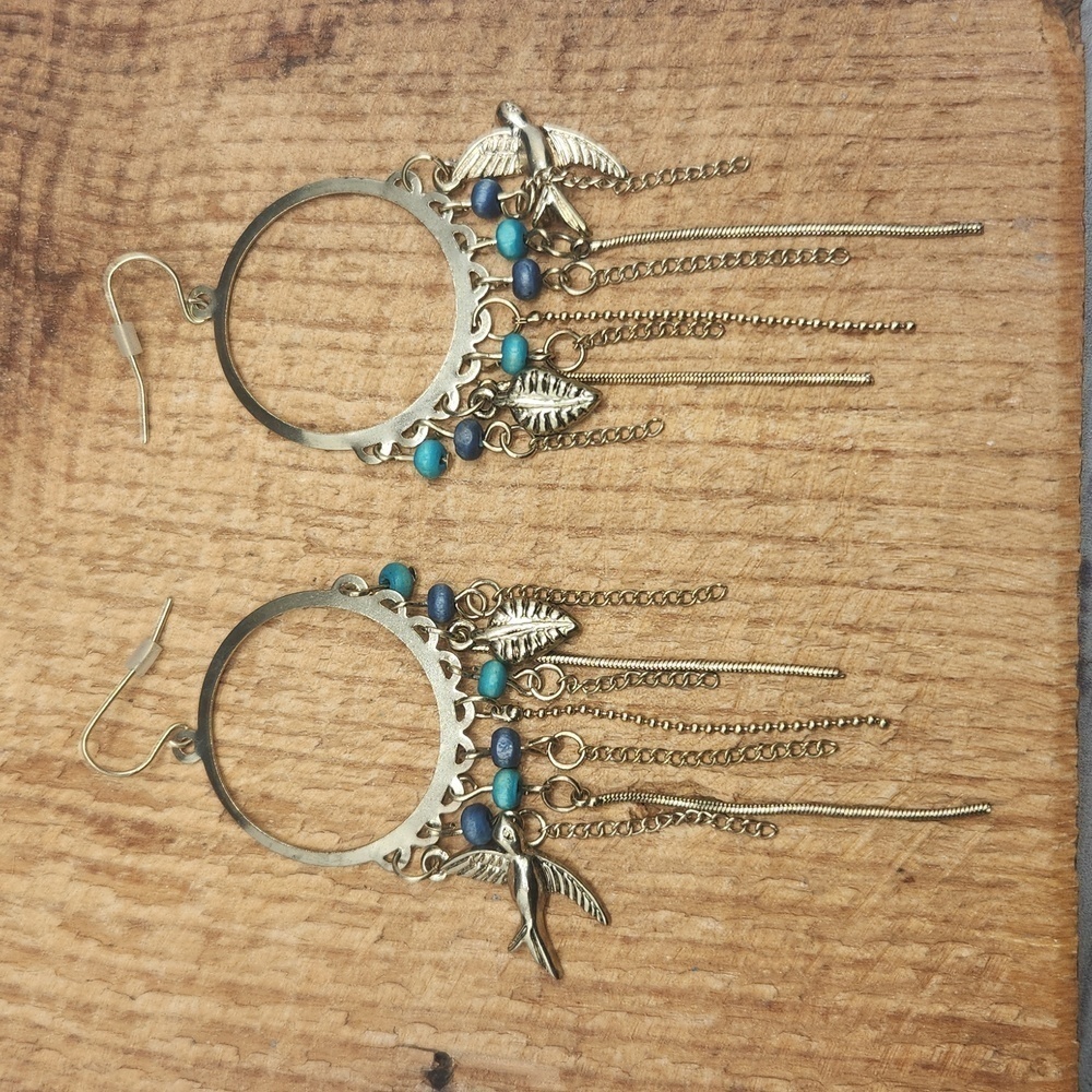 Cute Boho Hoop Earrings‎ Blue Beads Bird